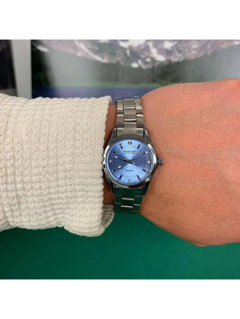 Silver Classy Quartz Round Light Blue Stainless Steel Watch. Stainless steel